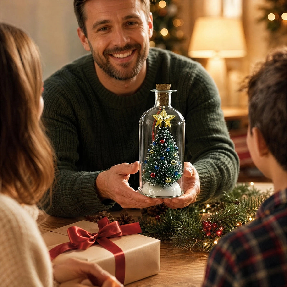Christmas Tree Message Bottle Ornament Voice Record Snow Scene Resin Holiday Shelf Decor