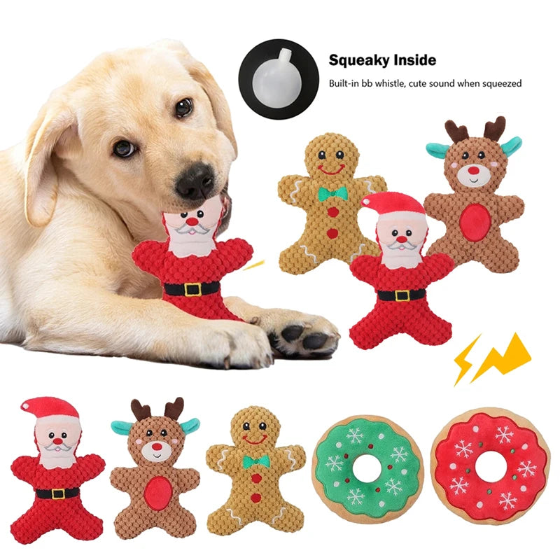 Xmas Pet Dog Plush Chew Toy Santa Elk Gingerbread Man Donut Cat Dog Christmas Series Cartoon Dog Toy Plush Squeak Toy Cookies