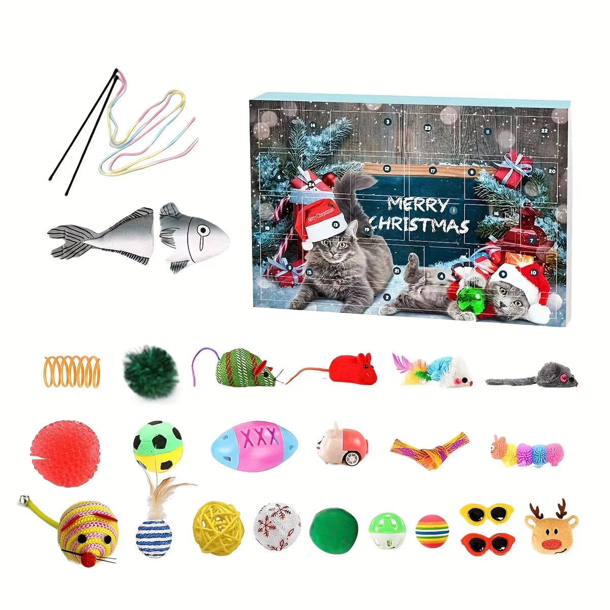 Cat Advent Calendar 2026, Christmas Cat Toy Set with Rope Toys, Balls, Bowtie Collars & Bandanas, 24 Pcs Christmas Countdown Cal