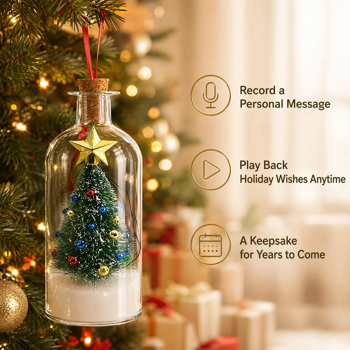 Christmas Tree Message Bottle Ornament Voice Record Snow Scene Resin Holiday Shelf Decor