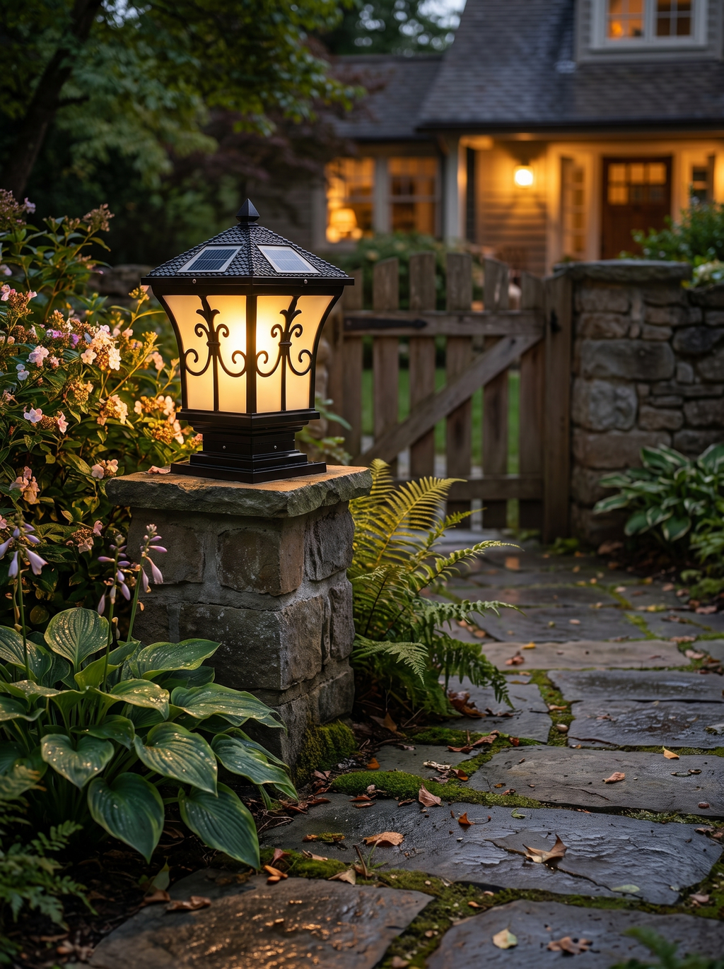 GOODNEST ORBIT solar pillar post light lit at dusk