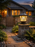 GOODNEST ORBIT solar pillar post light on a gate post at twilight