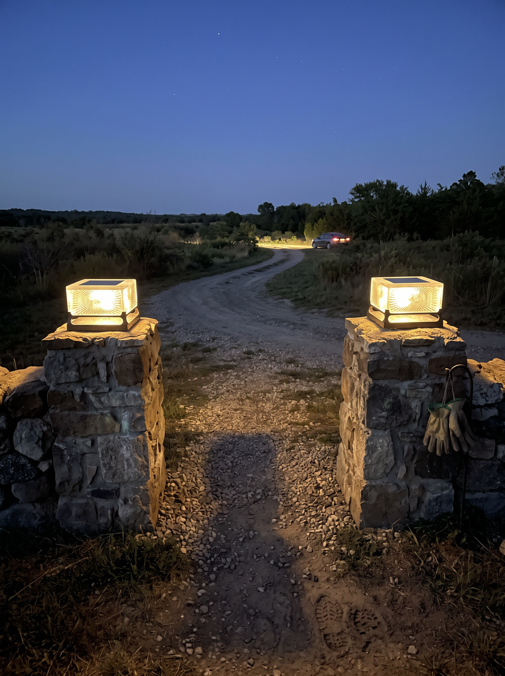 GOODNEST PIER solar post light at the end of a long driveway