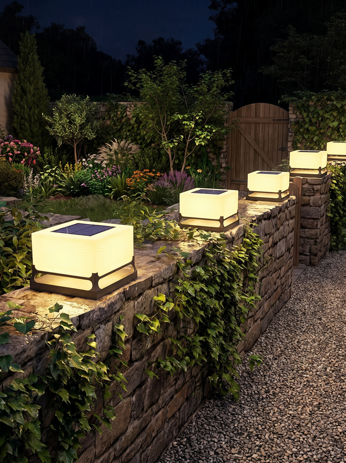 GOODNEST PIER solar post lights along a boundary wall at night