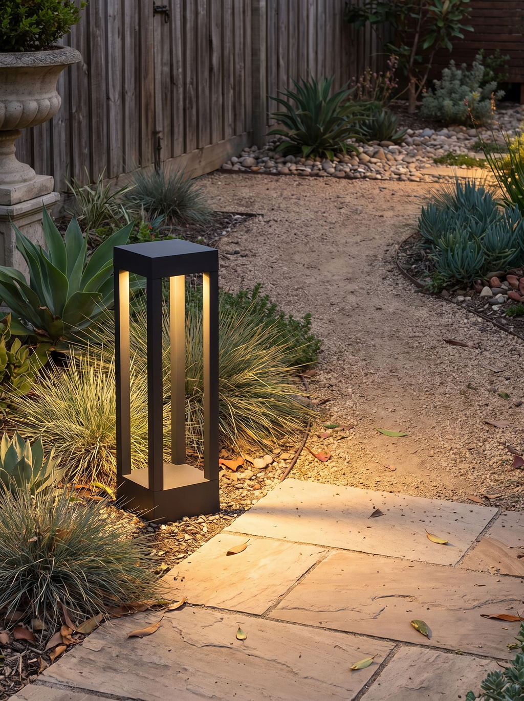 GOODNEST SLATE bollard beside architectural planting at night