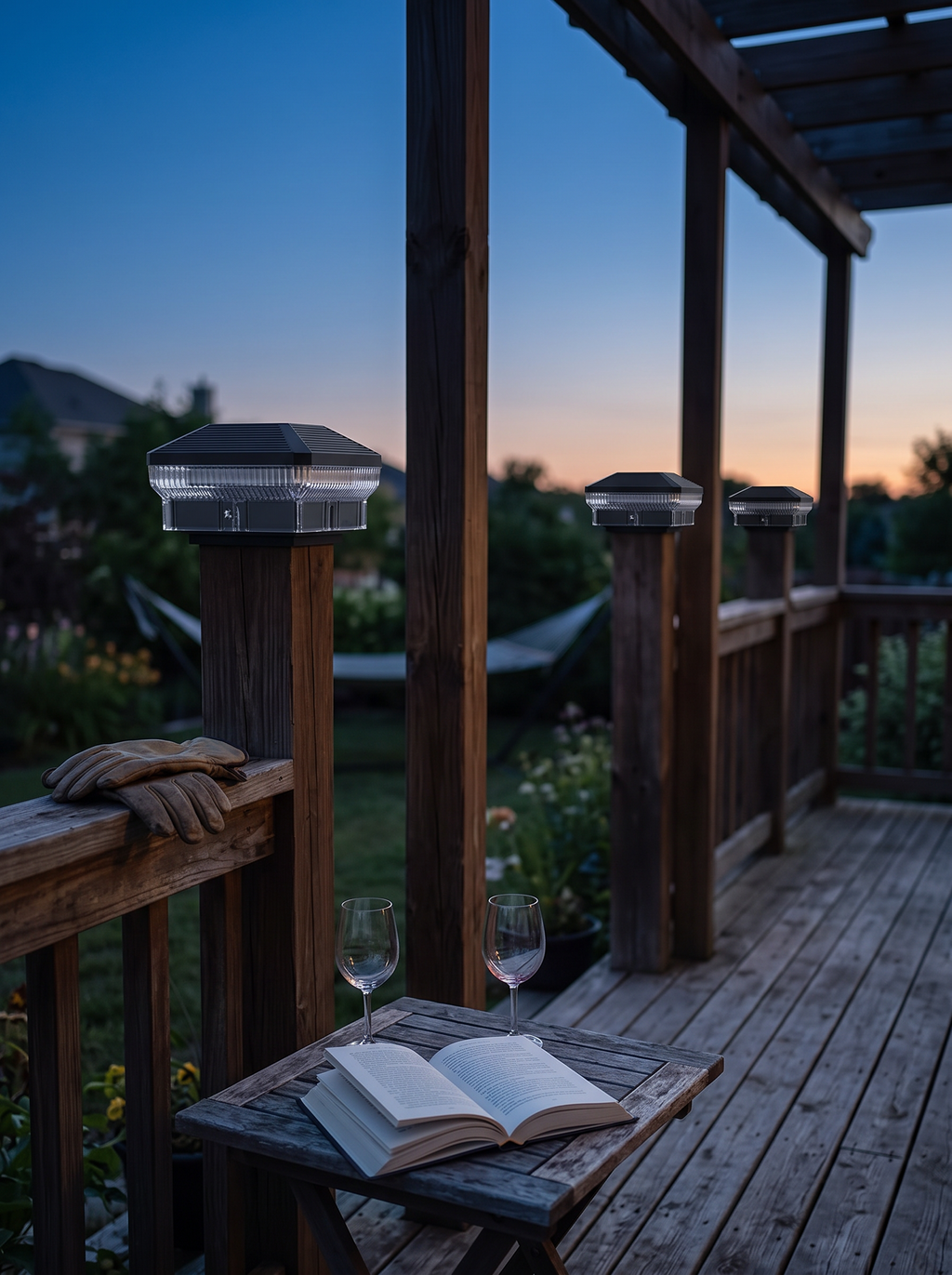 GOODNEST CAP post lights on pergola uprights above a deck