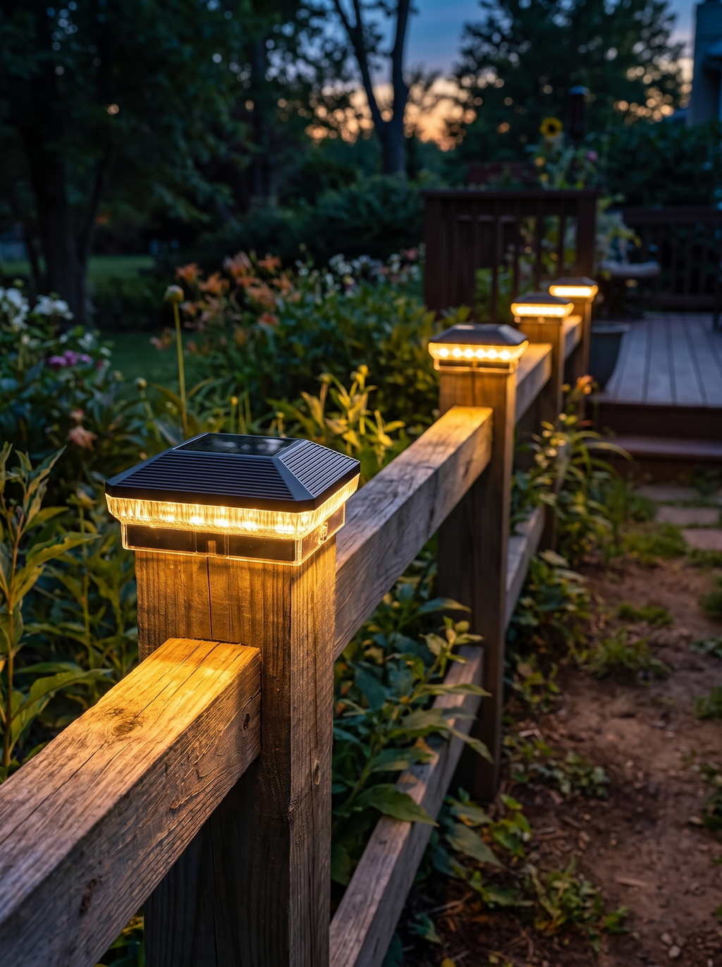 GOODNEST CAP solar post lights along a garden fence at dusk
