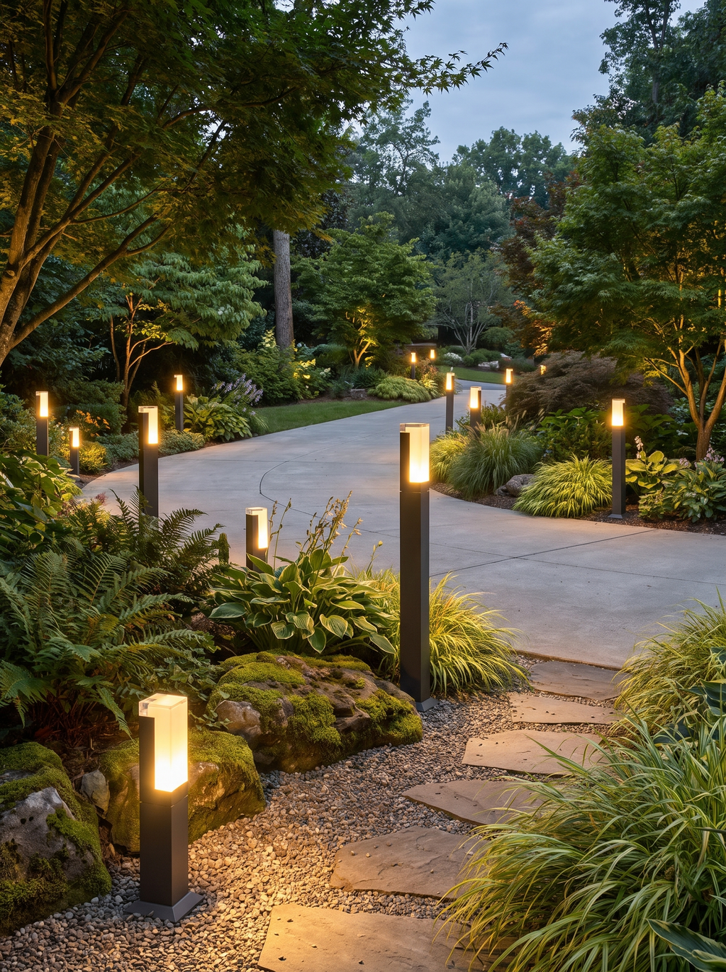 GOODNEST COLUMN bollards at mixed heights across a garden scheme