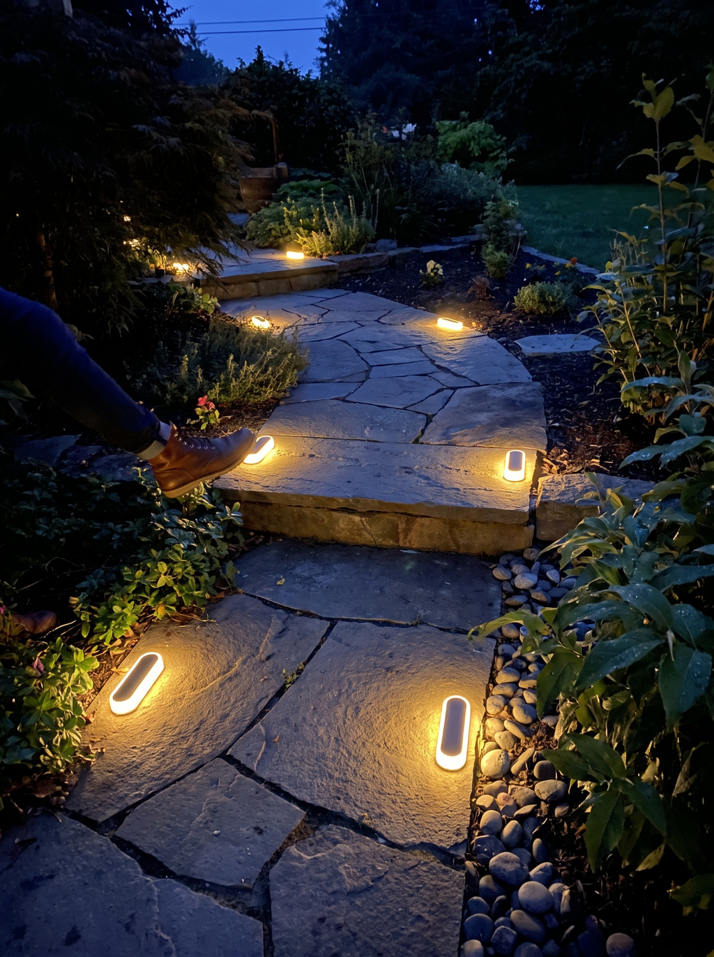 GOODNEST STEP solar deck light marking a stair tread at night