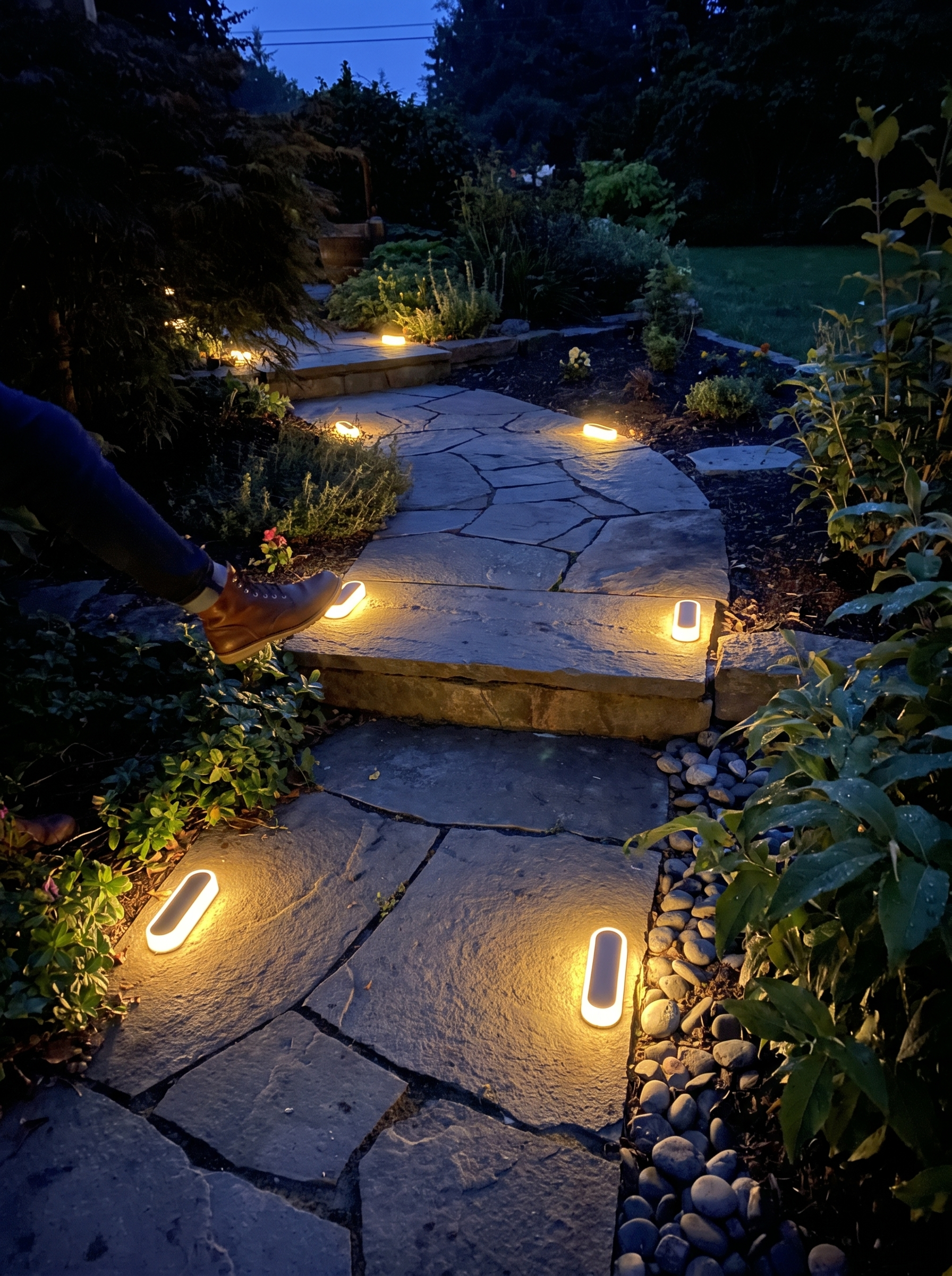 GOODNEST STEP solar deck light marking a stair tread at night