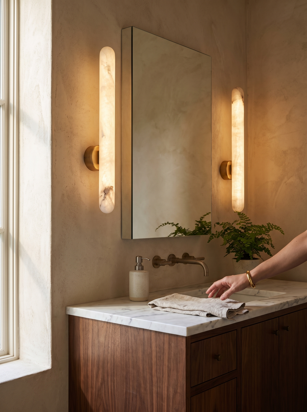 GOODNEST LUMEN wall lights mounted as a pair either side of a mirror