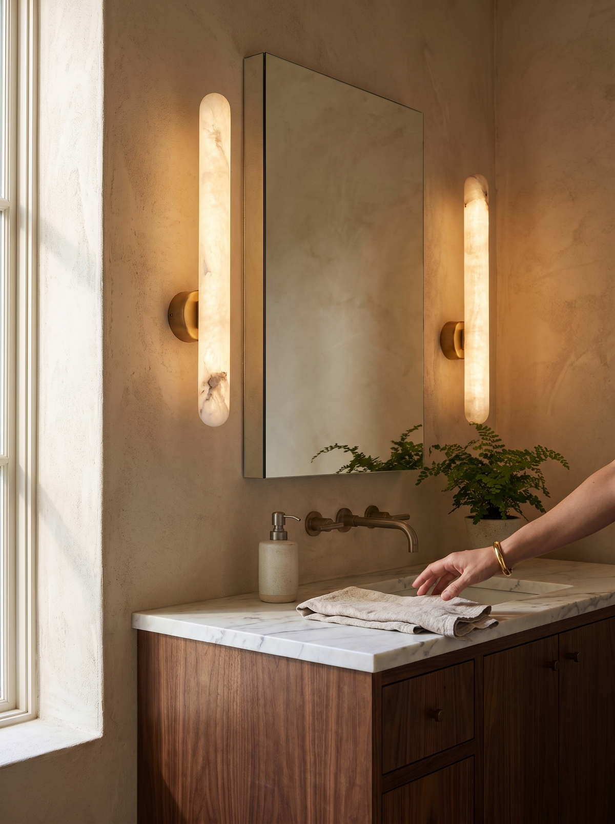 GOODNEST LUMEN wall lights mounted as a pair either side of a mirror