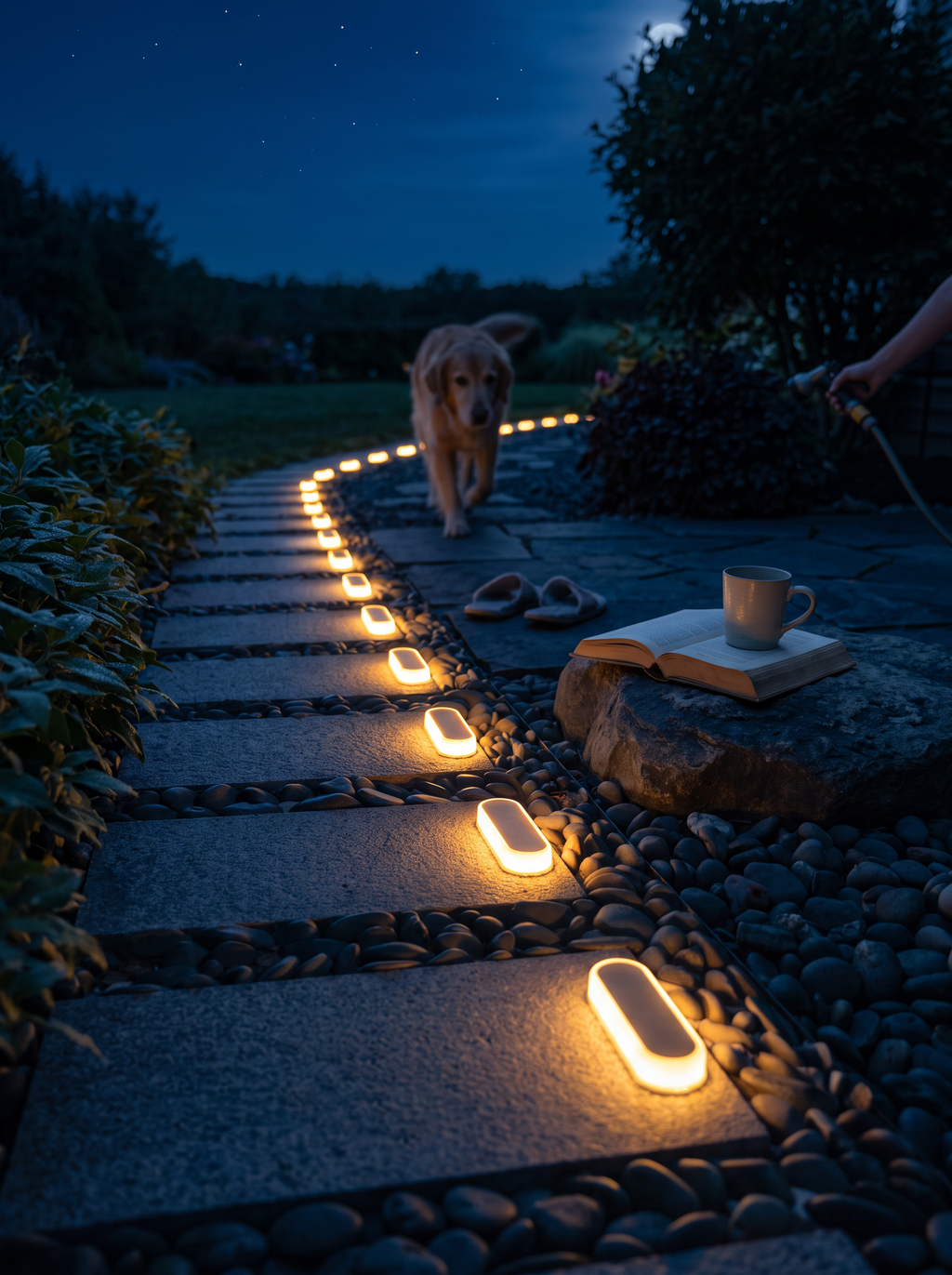 GOODNEST STEP deck lights glowing along an outdoor edge all night