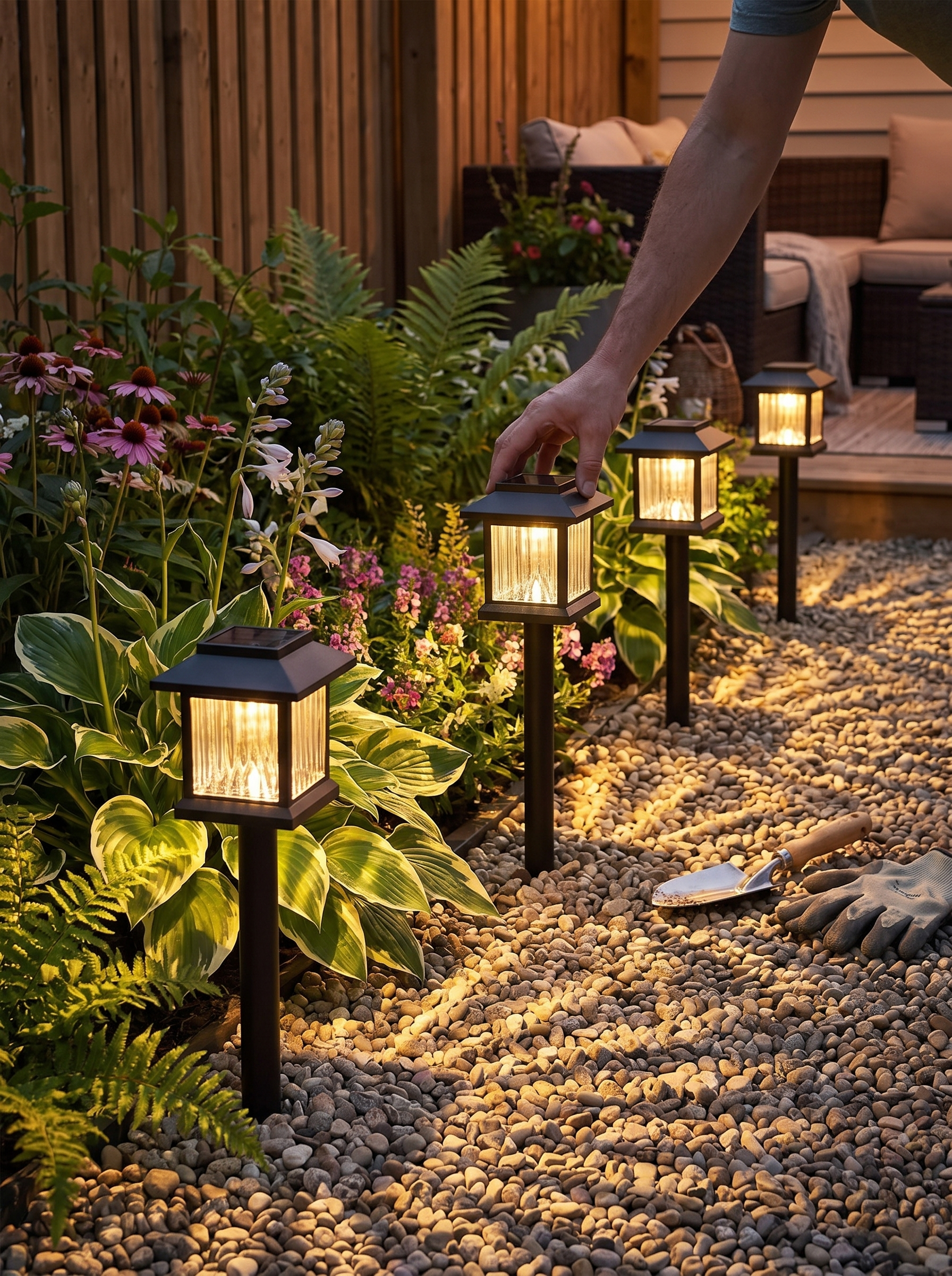 GOODNEST PATH striped shade casting patterned light across the ground
