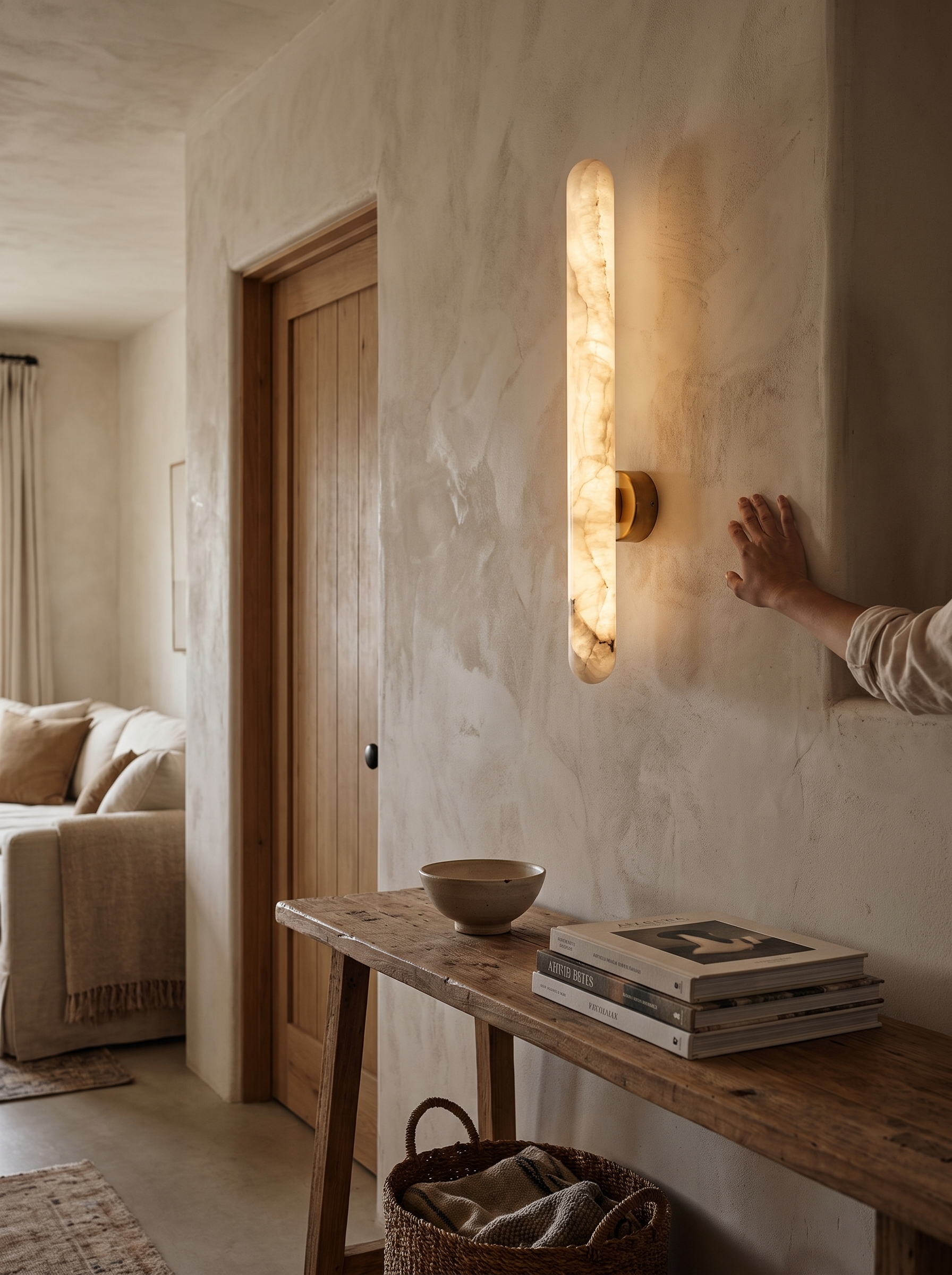 GOODNEST LUMEN alabaster wall light glowing warm in a bedroom