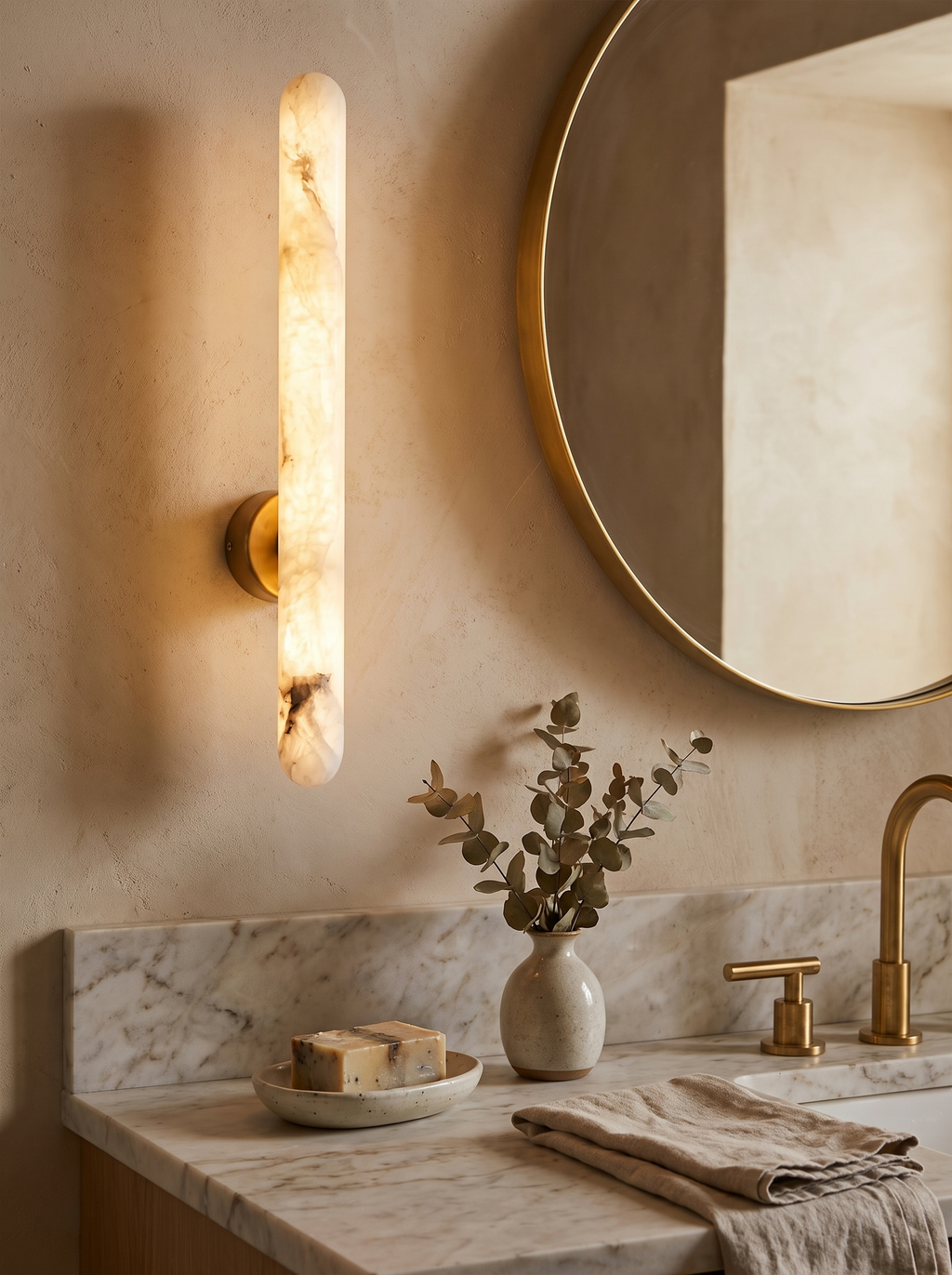 GOODNEST LUMEN alabaster tube showing its natural stone veining