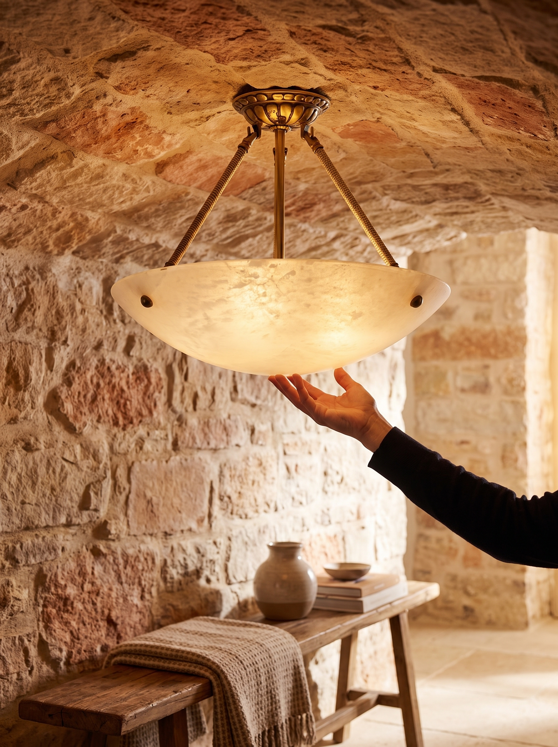GOODNEST ALBA copper metalwork against translucent alabaster shade