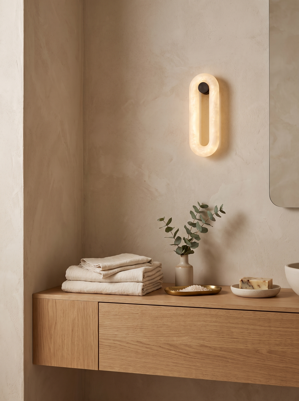 GOODNEST OPAL discreet dark wall mount behind the alabaster oval