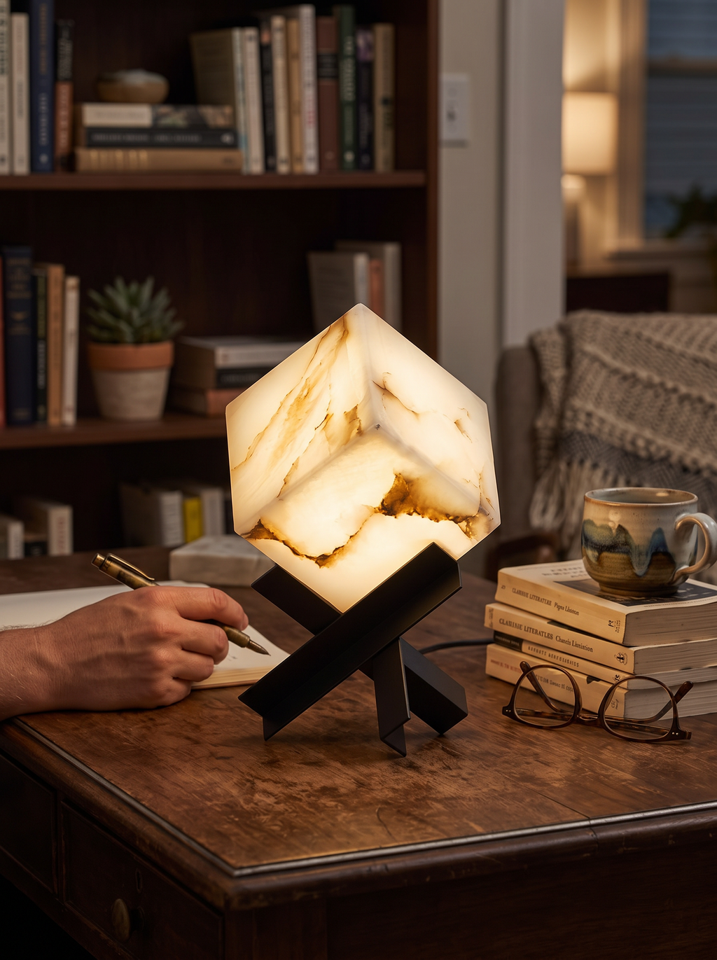 GOODNEST FACET alabaster cube lamp showing veining across a flat face