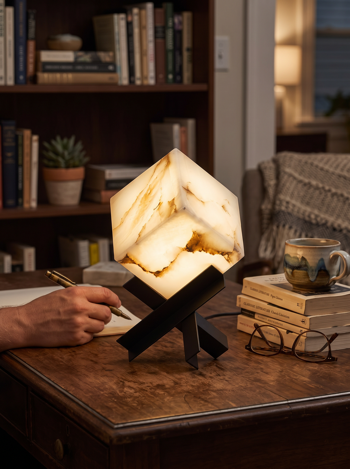 GOODNEST FACET alabaster cube lamp showing veining across a flat face