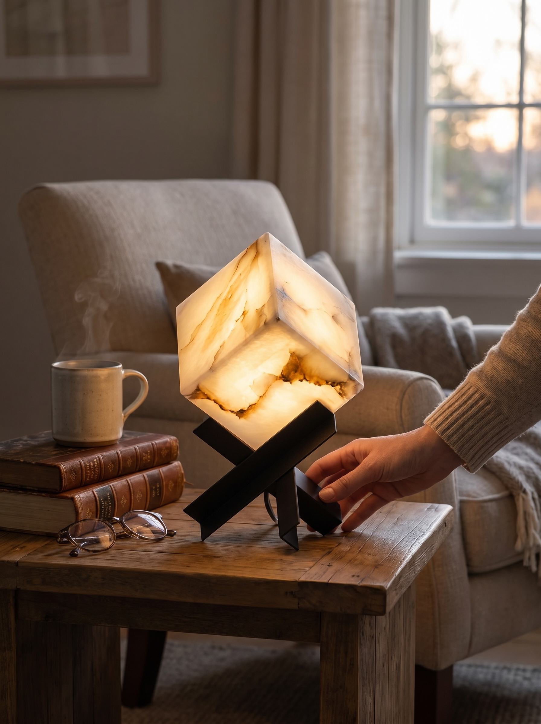 GOODNEST FACET cube lamp on its crossed black metal base