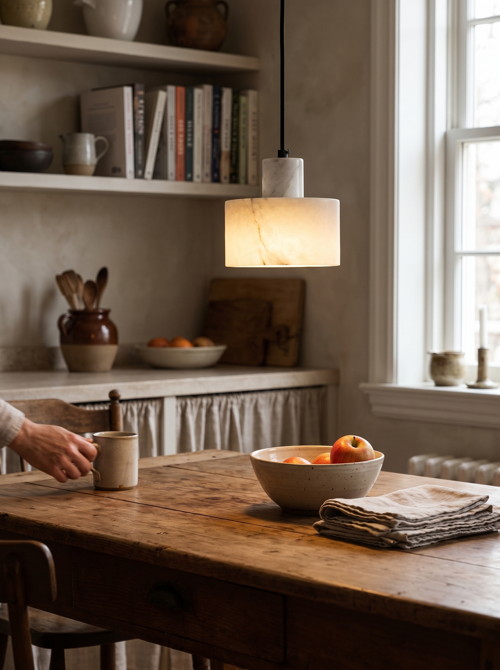 GOODNEST TAMBOUR alabaster drum pendant over a dining table