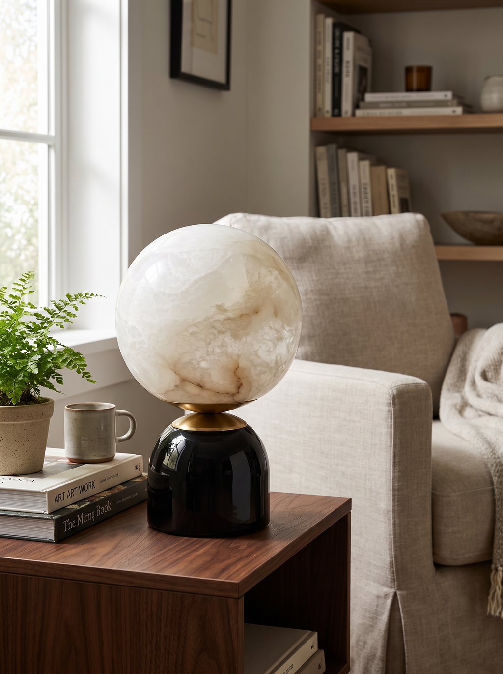 GOODNEST LUNA alabaster globe table lamp on a nightstand in daylight