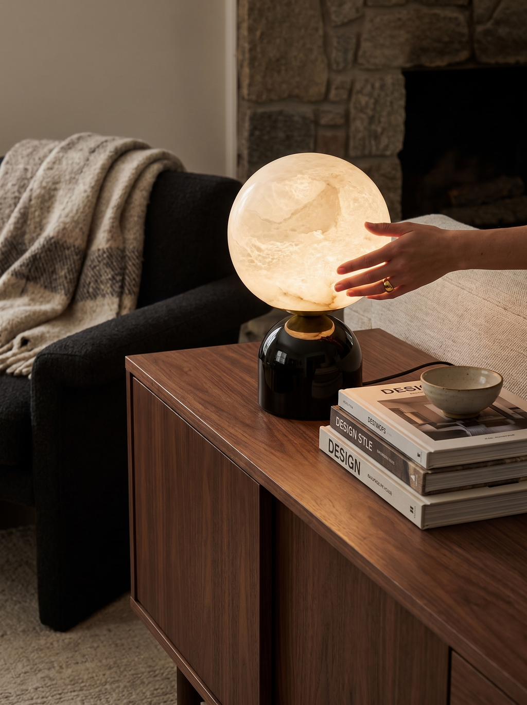 GOODNEST LUNA veined stone globe on its glossy black base