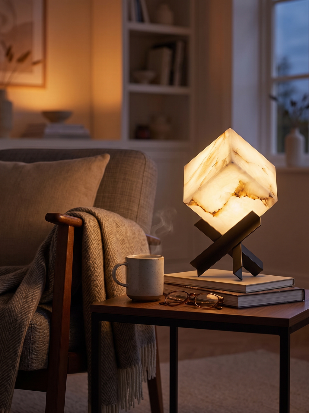 GOODNEST FACET cube table lamp seen from across a living room