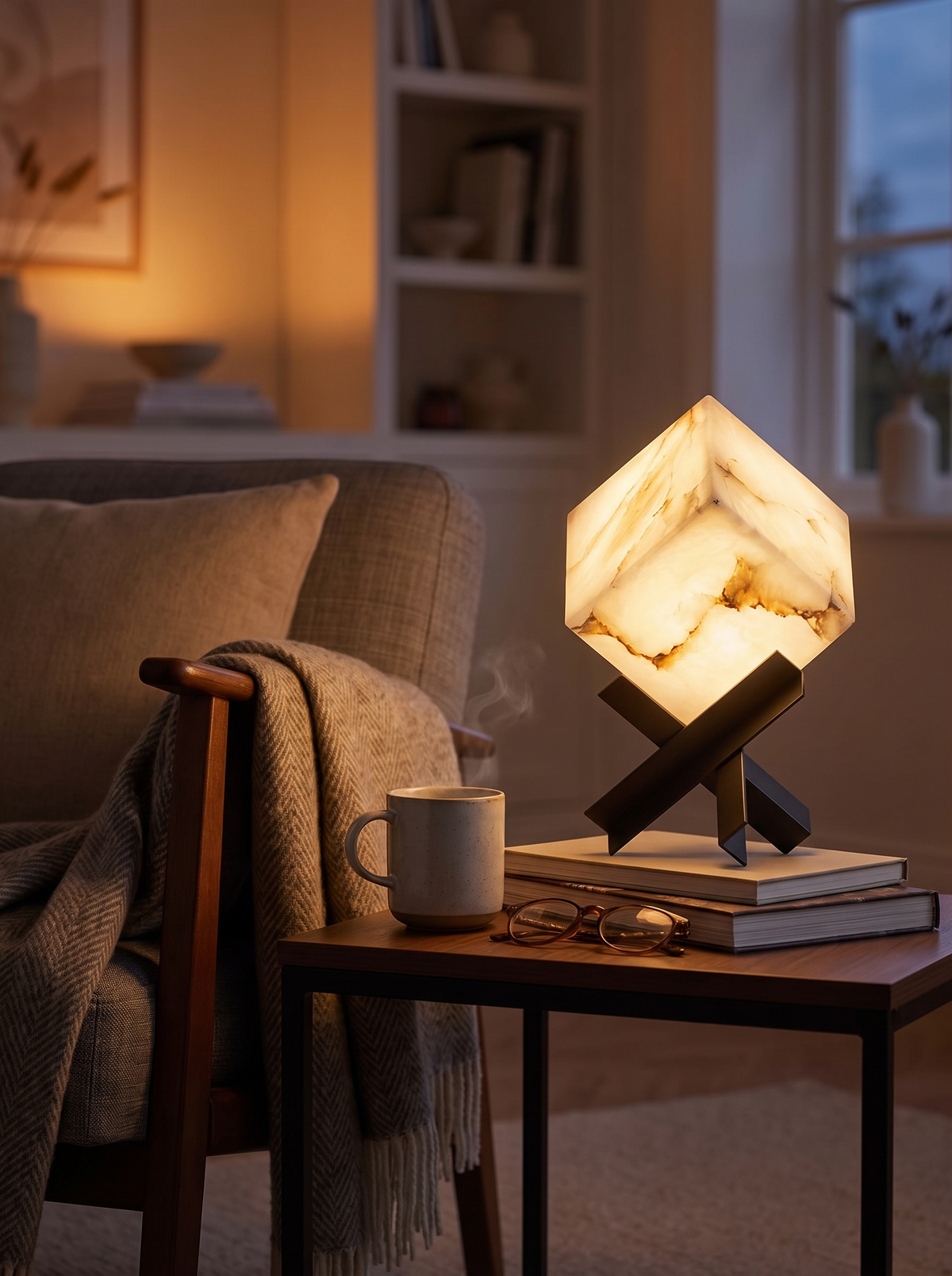 GOODNEST FACET cube table lamp seen from across a living room