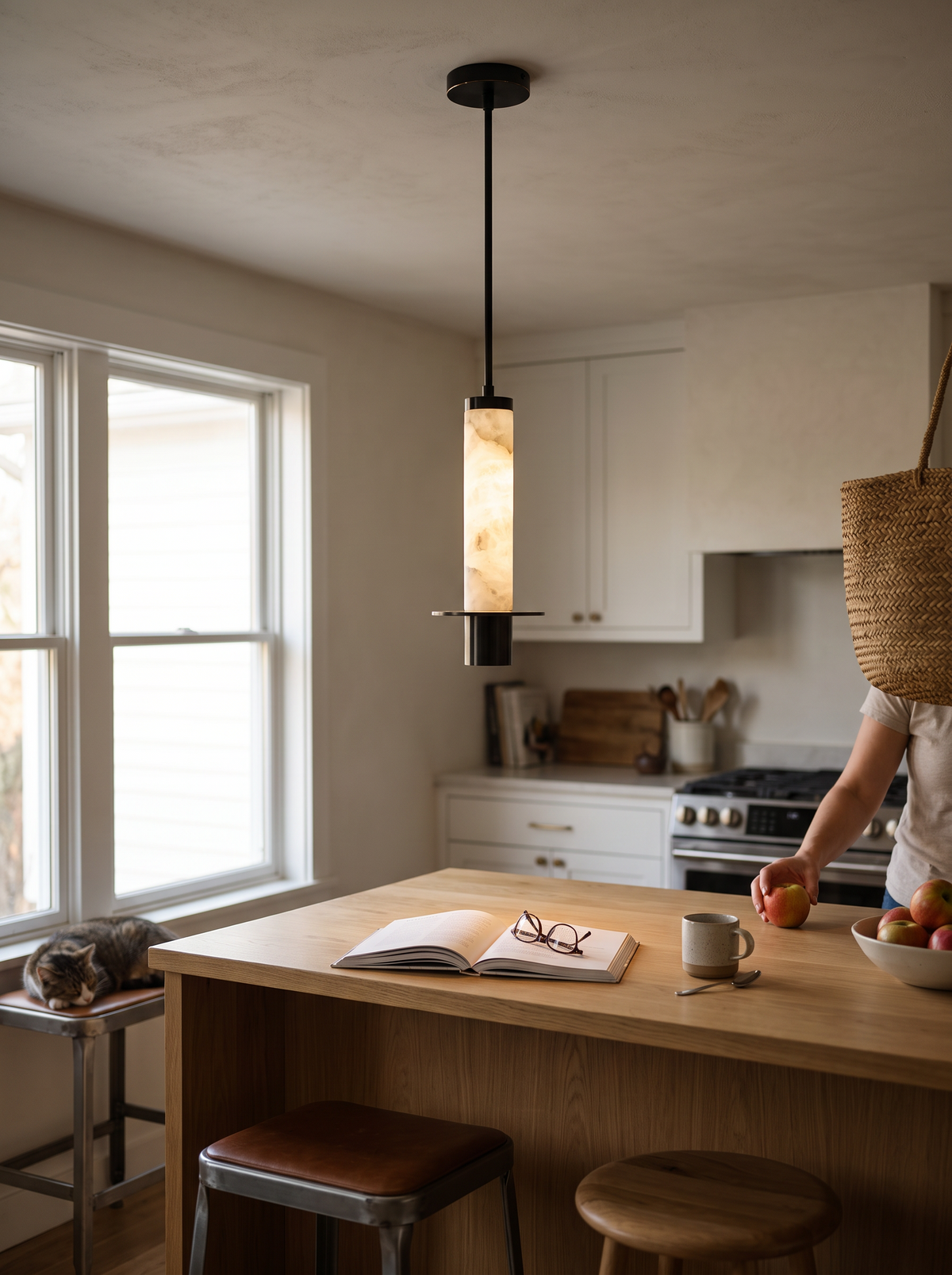 GOODNEST PLINTH slender alabaster cylinder pendant showing vertical veining
