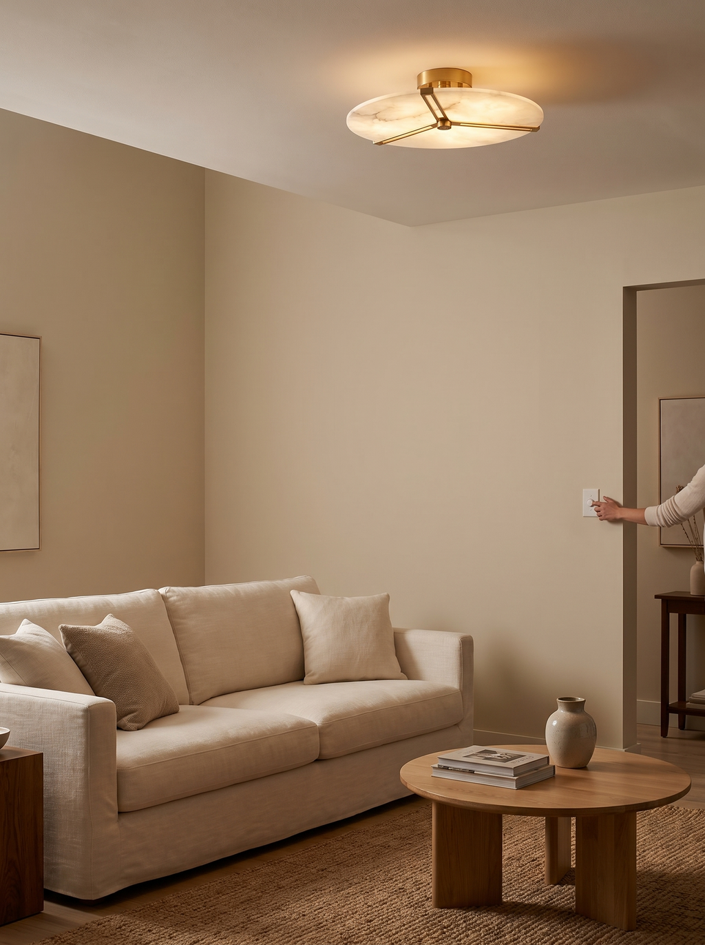 GOODNEST NIMBUS low profile alabaster ceiling light in a bedroom