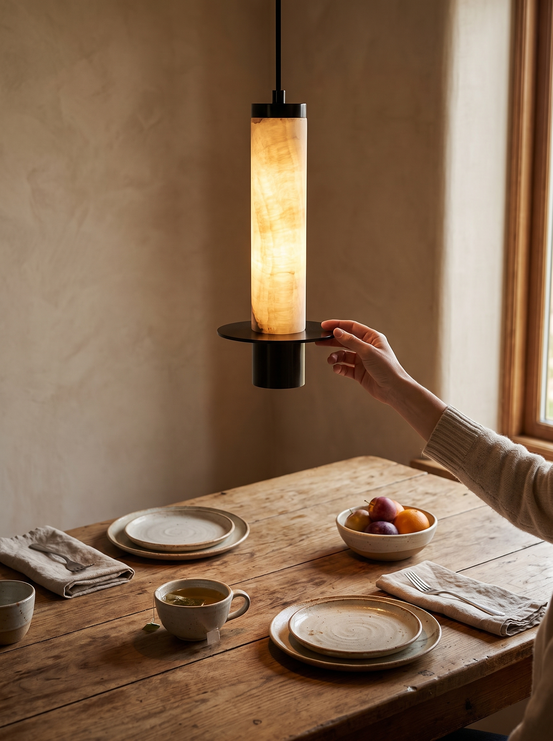 GOODNEST PLINTH pendants hung in a row over a kitchen island