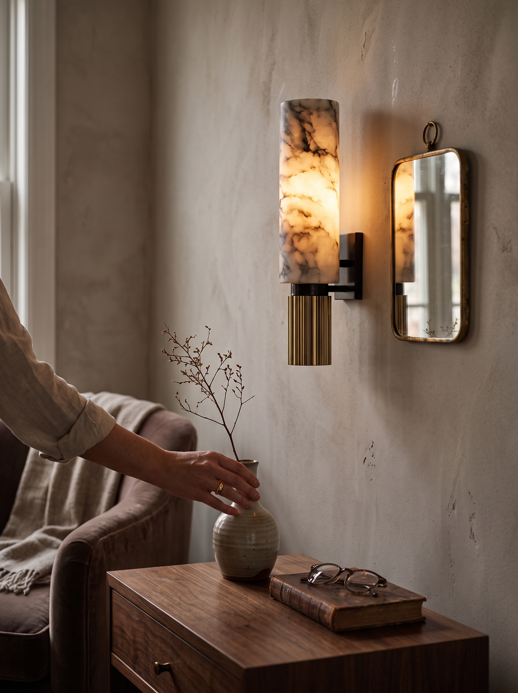 GOODNEST QUARRY fluted brass detail on the alabaster wall light