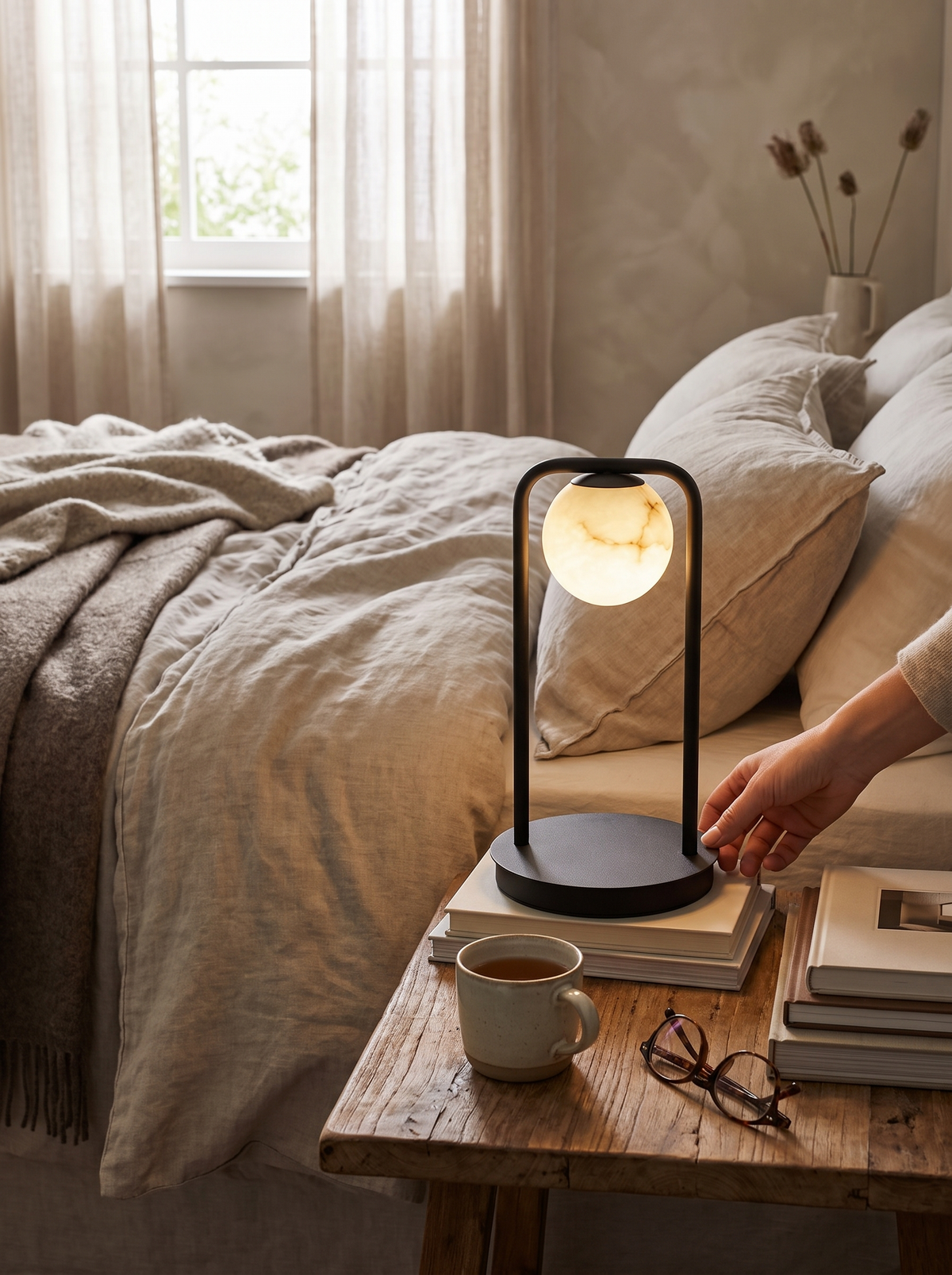 GOODNEST SOLACE tall globe table lamp on a console