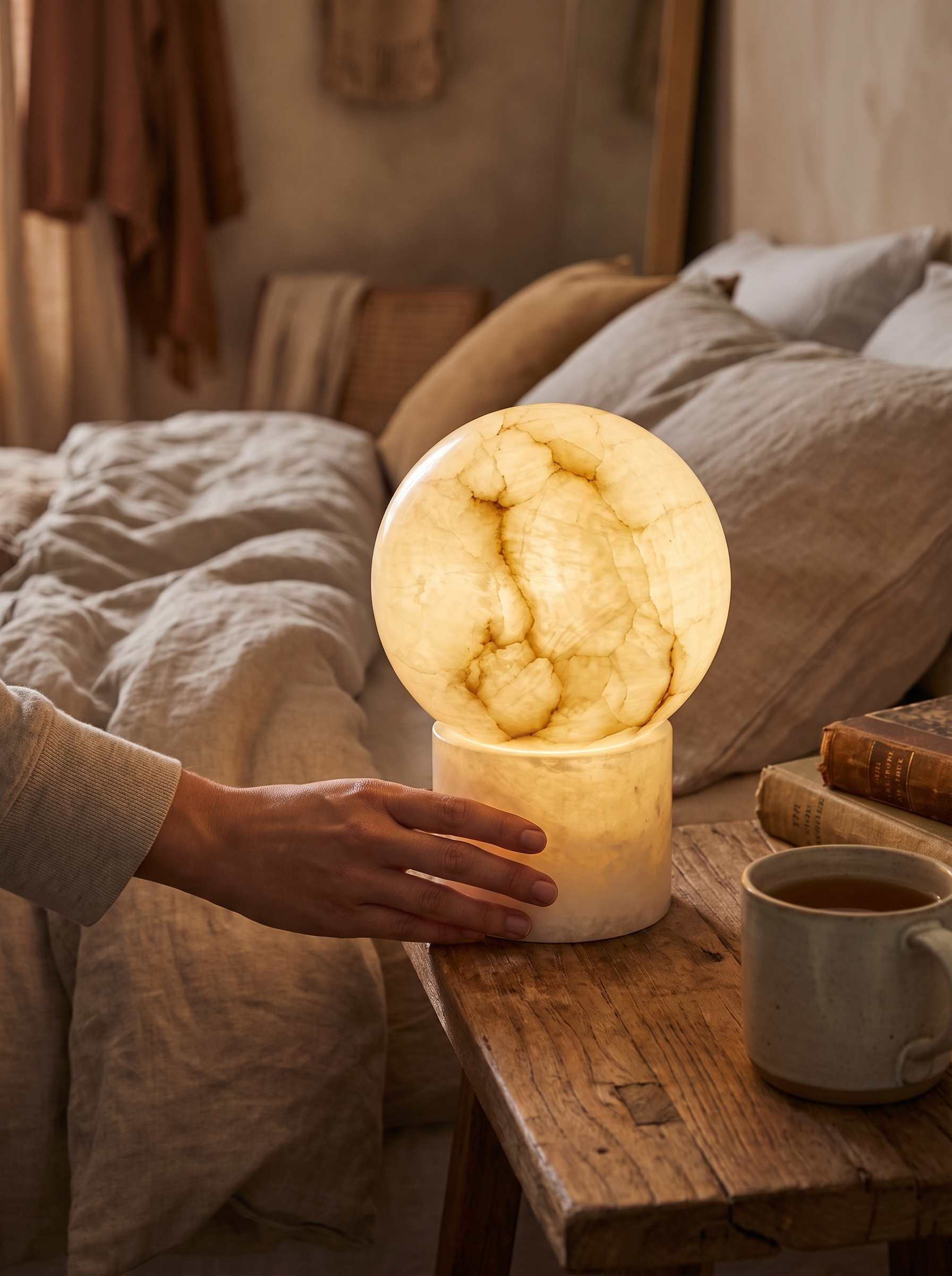 GOODNEST PEARL globe lamp lit showing natural stone markings