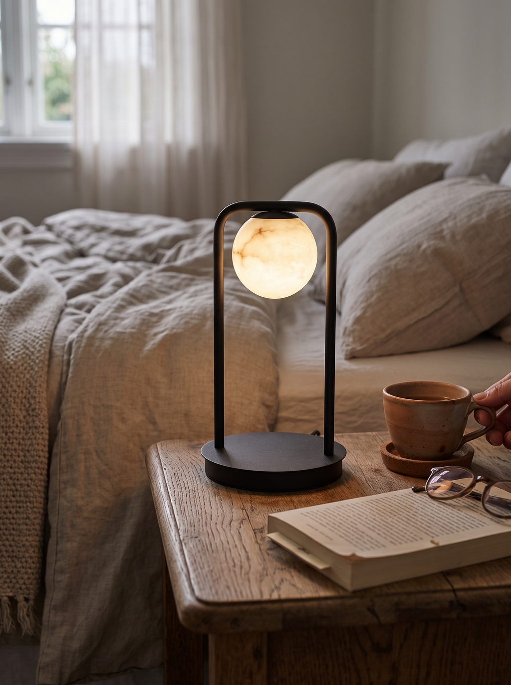GOODNEST SOLACE alabaster globe suspended beneath its frame