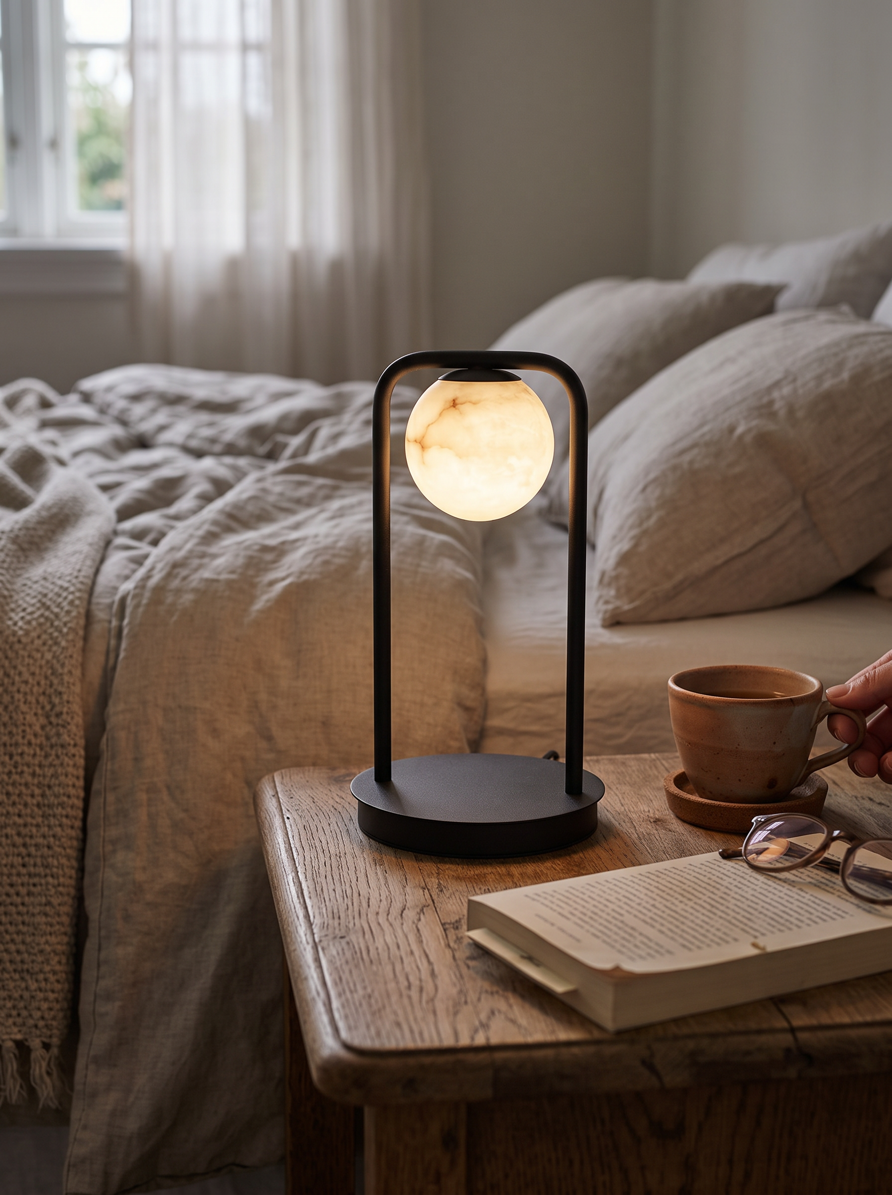 GOODNEST SOLACE alabaster globe suspended beneath its frame