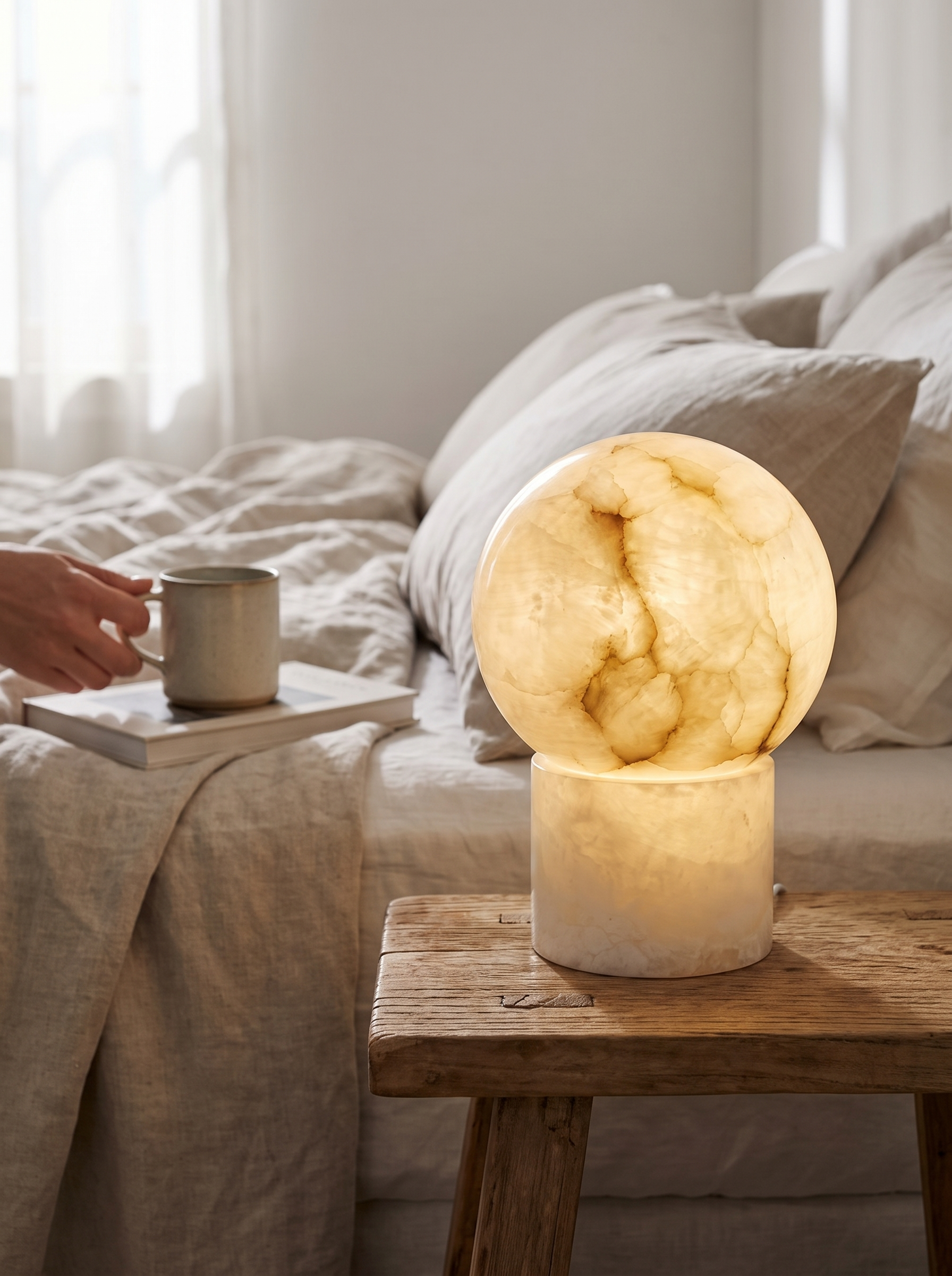 GOODNEST PEARL alabaster globe table lamp on a quiet shelf