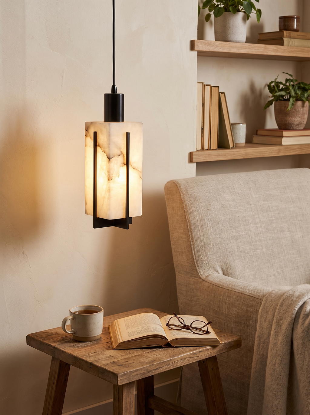 GOODNEST CANDELA stone veining visible across a flat lantern panel