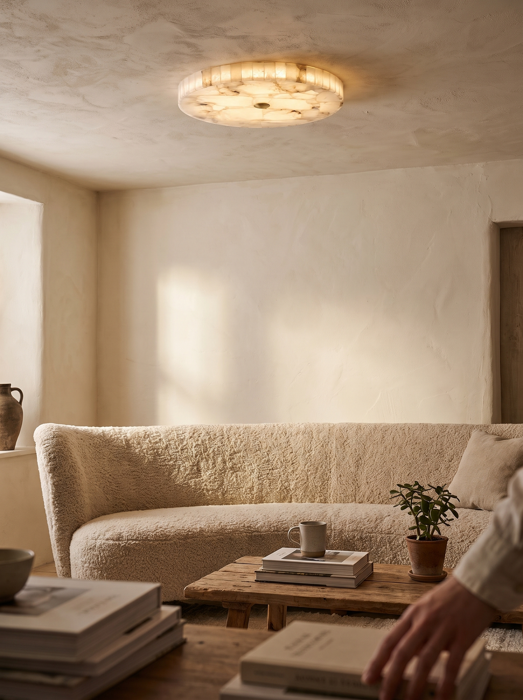 GOODNEST IVORY low profile alabaster ceiling light in a bedroom