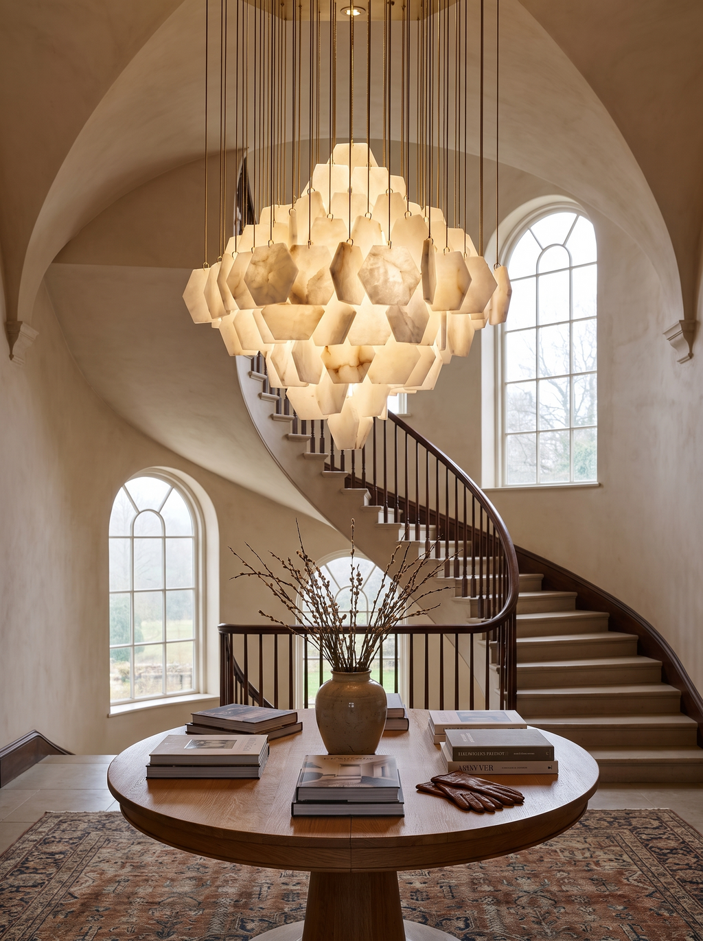 GOODNEST TORRENT alabaster cascade chandelier in a tall stairwell