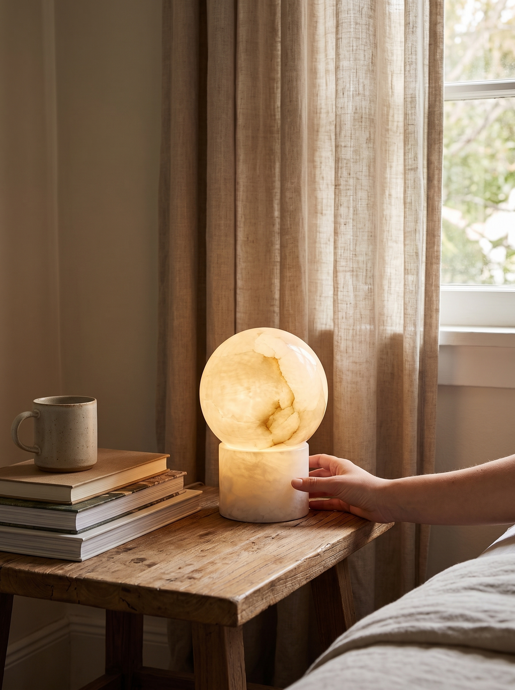 GOODNEST PEARL alabaster globe table lamp in a lived in room
