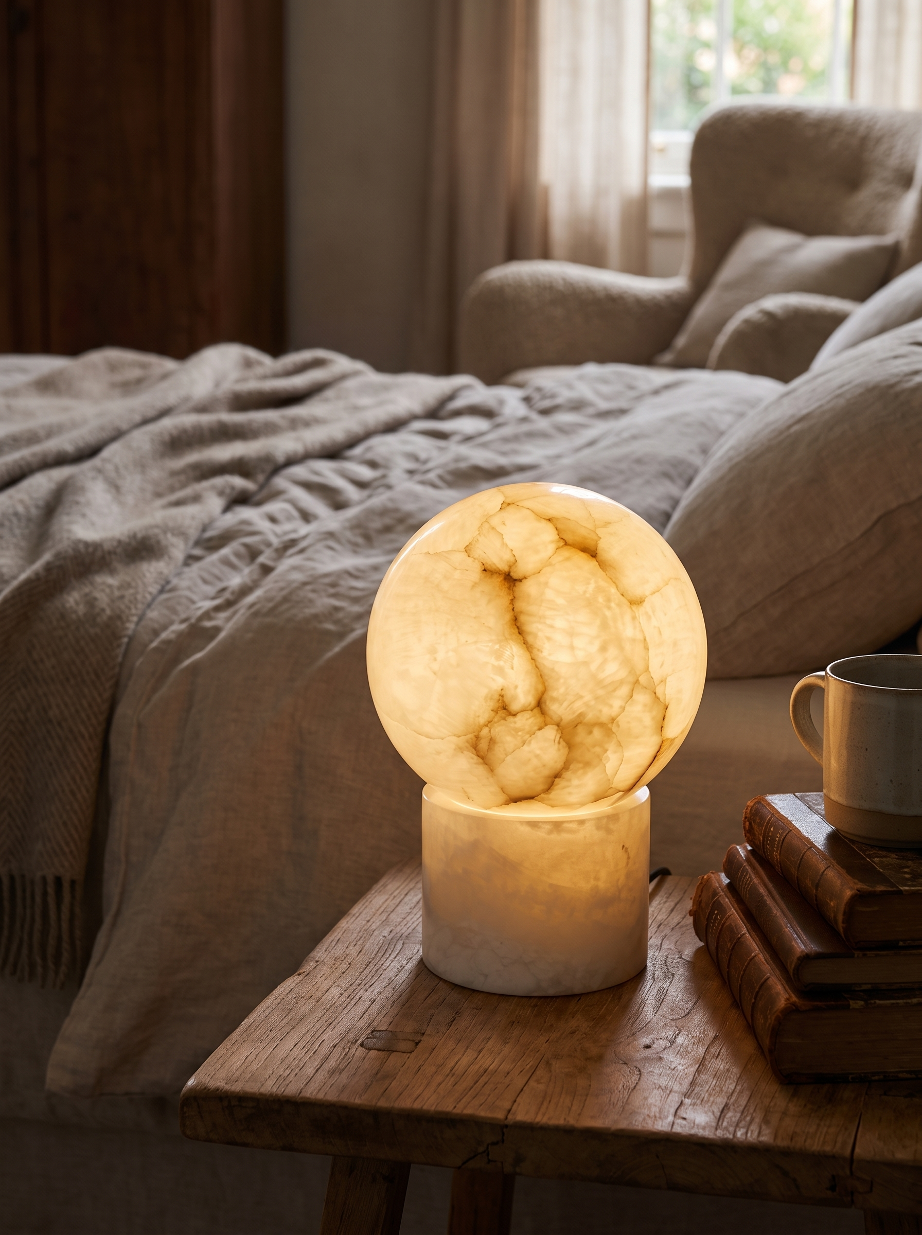GOODNEST PEARL lit globe showing natural stone markings