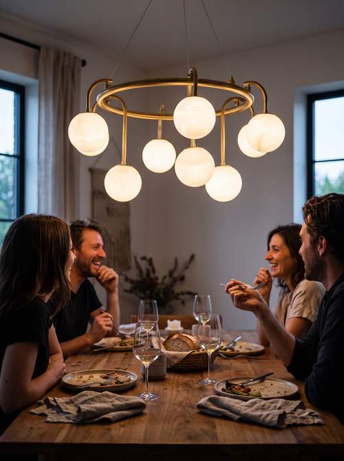 GOODNEST ATRIUM ring chandelier lighting a dining table
