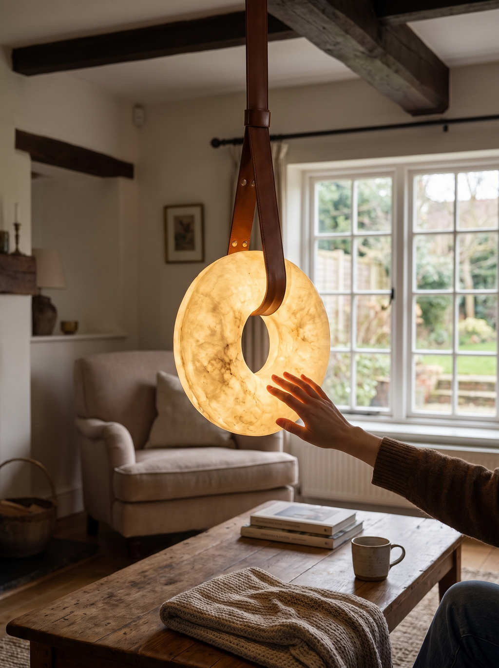 GOODNEST CRESCENT open alabaster ring seen against a room behind