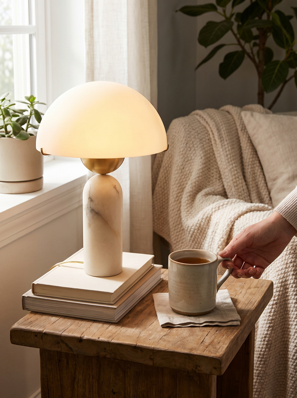 GOODNEST DUNE mushroom table lamp on a bedside table