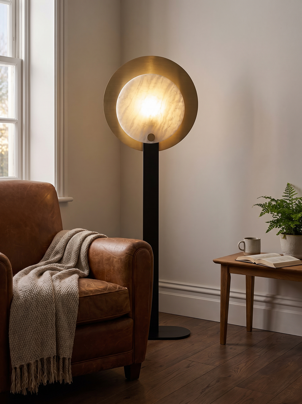 GOODNEST LEDGE floor lamp taking almost no floor space in a corner