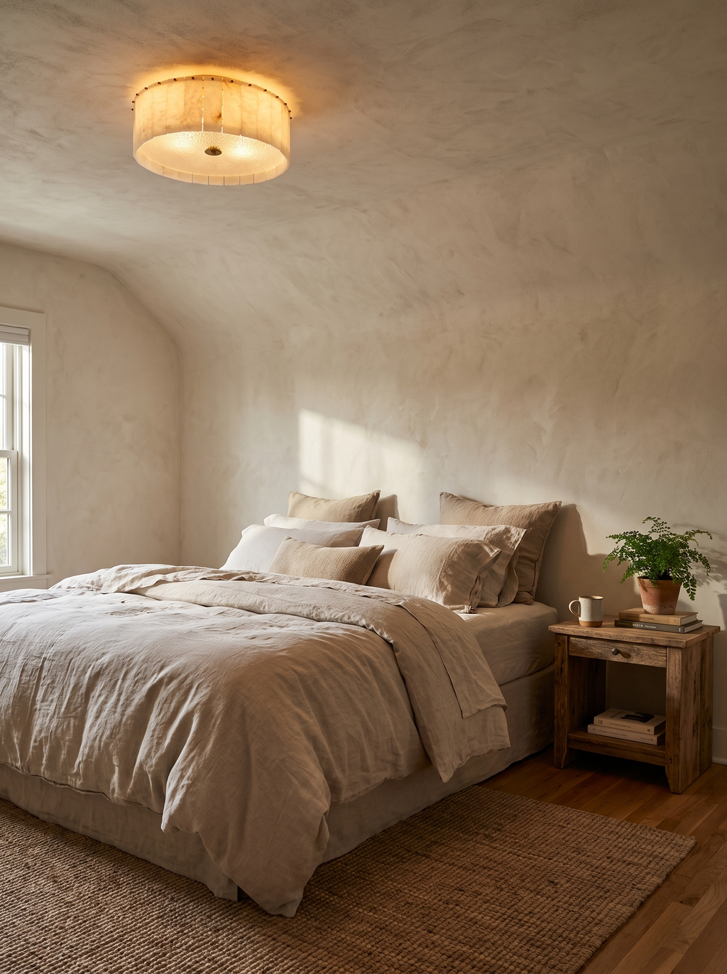 GOODNEST MIST alabaster pieces arranged around the ceiling light body