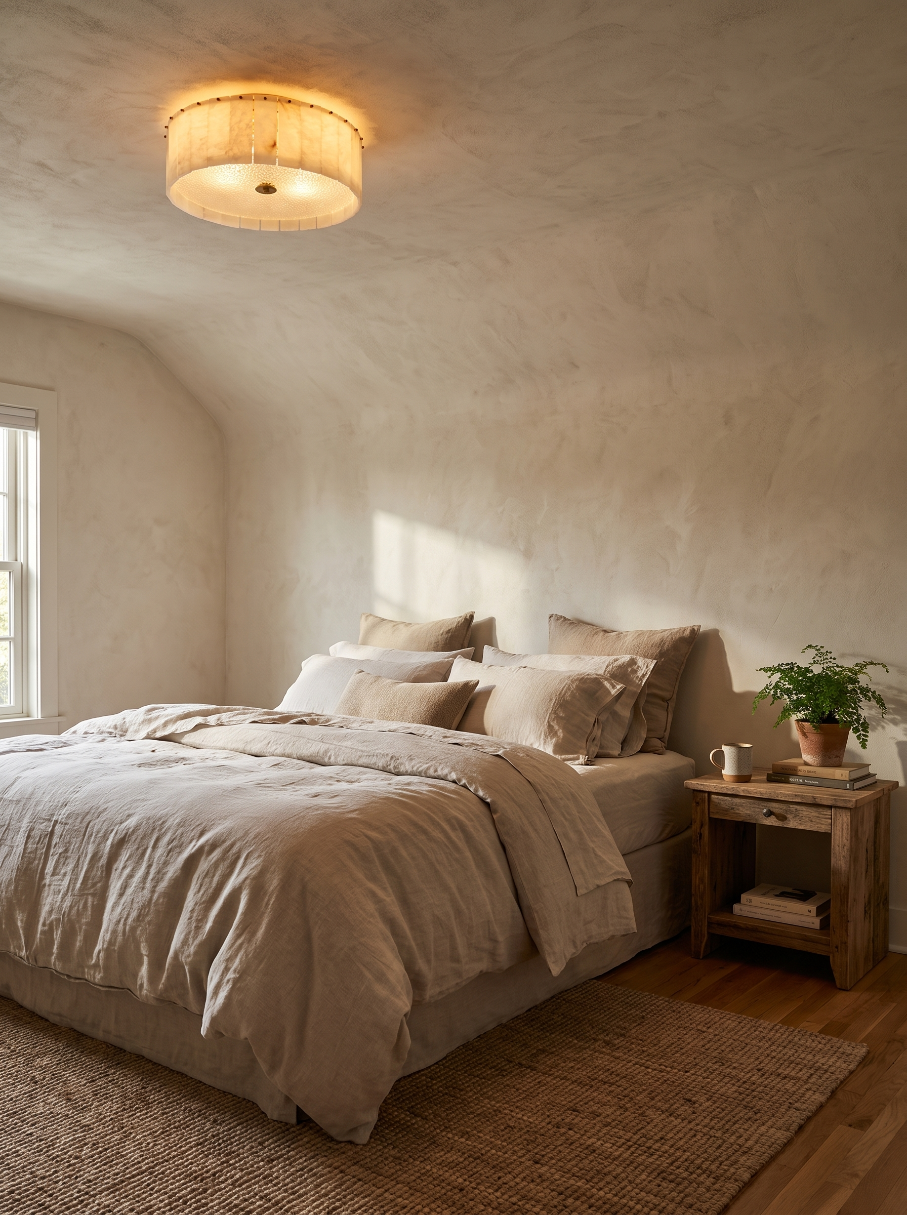 GOODNEST MIST alabaster pieces arranged around the ceiling light body